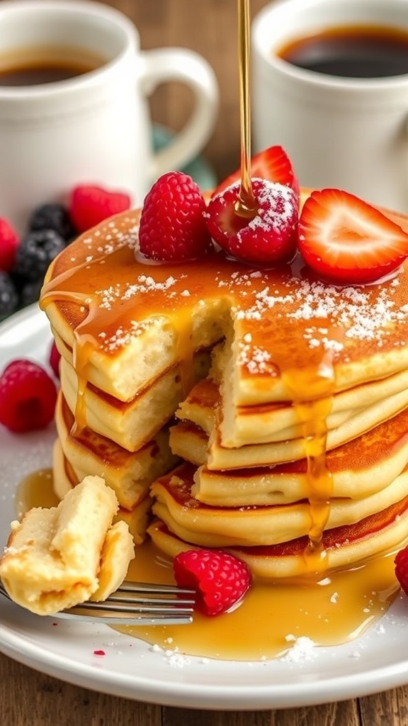 Bread Pudding Pancakes Recipe A stack of bread pudding pancakes with syrup and berries on a breakfast table.